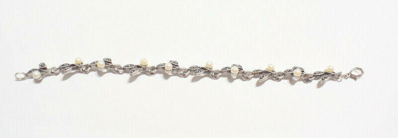 Bracelet Link Metal Pearl Black Faceted Stones Leaves Lobster Hook