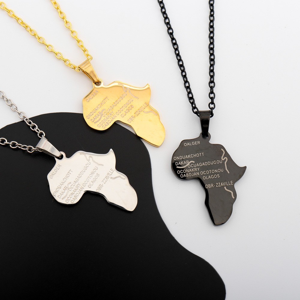 Africa Map Pendant Necklace with Engraved Capital Cities Stainless Steel Jewelry