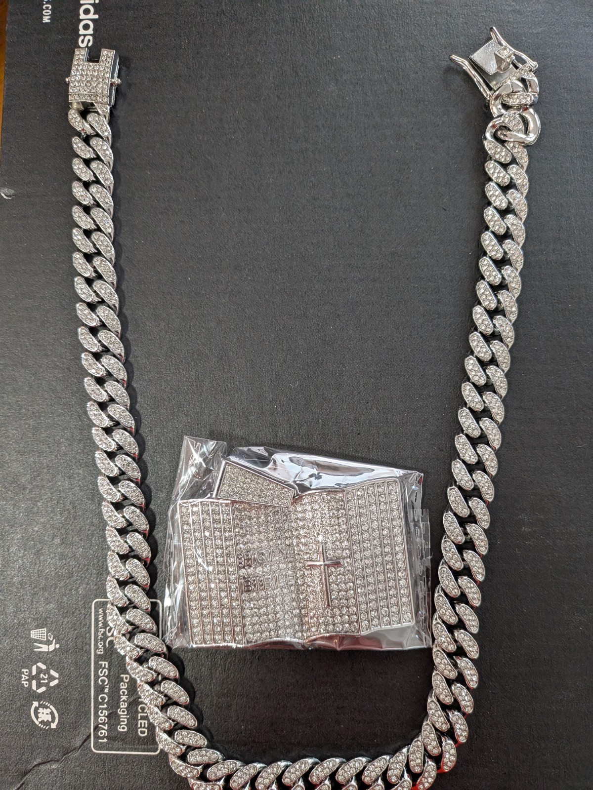 Silver Tone Pavé Rhinestone Cuban Link Chain Necklace Cross Charm Box Closure