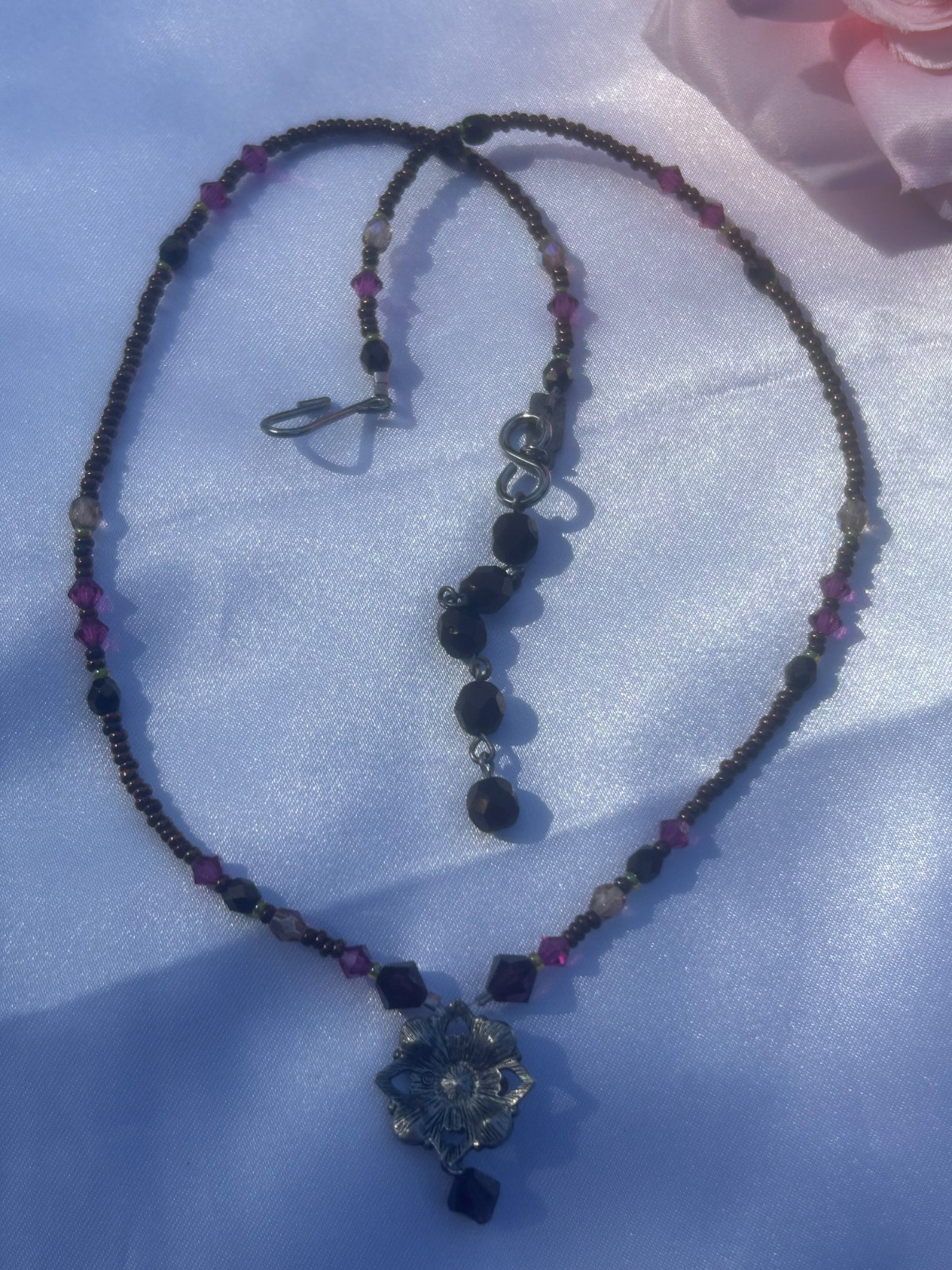 Whimsigoth Crystal Flower Pendant Necklace Fuchsia Brow Beaded Boho Jewelry.