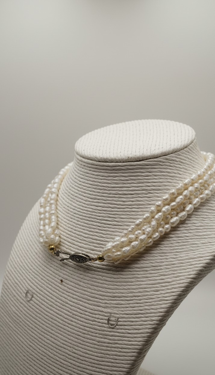 Multistrand White Round Pearl Necklace w/ Black Onyx Stations Silver Box Clasp