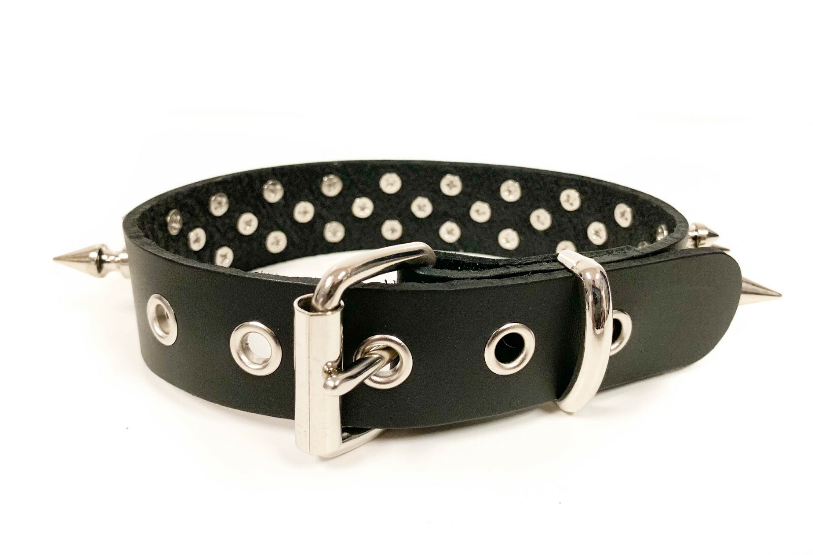 Punk Gothic Three Row Spike Belt Black Real Leather Snap Choker Collar Necklace