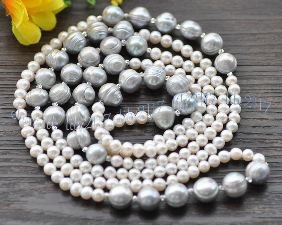 Natural 6-7mm White 11-12mm Gray Akoya Freshwater Culture Pearl Necklace 36-65”