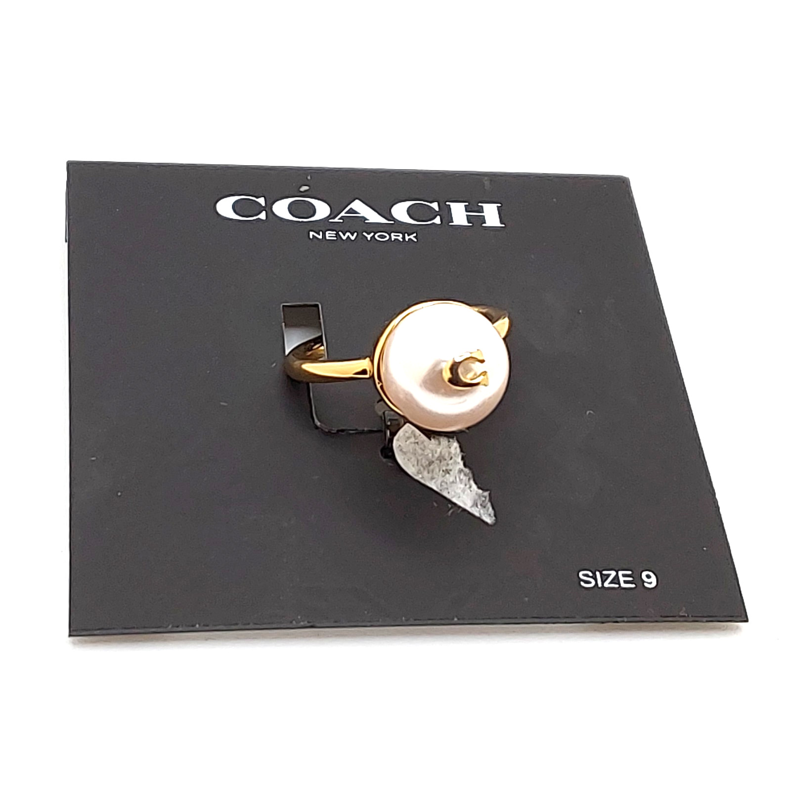 Coach New York Signature C Gold Tone Solitaire Pearl Ring Women’s Size 9