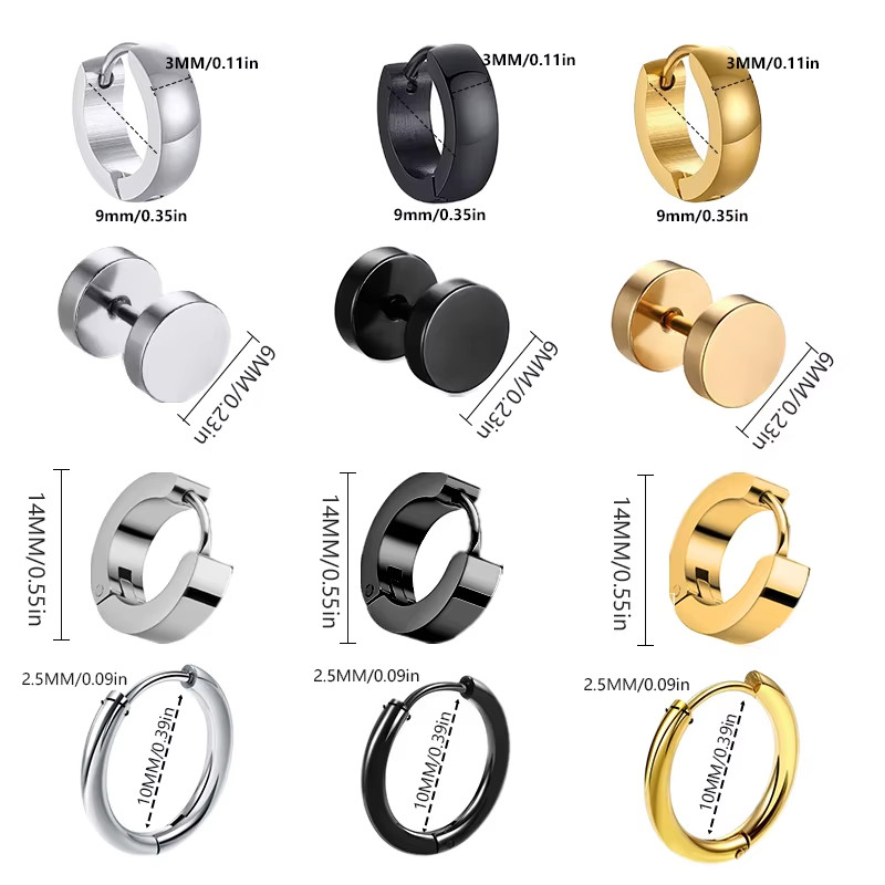 1 Pairs Multi Types Unisex Black Gold Color Stainless Steel Earring for Women Me