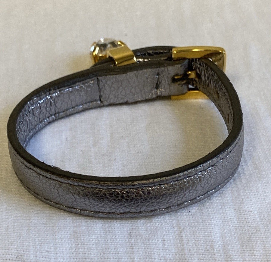 Miu Miu Silver Metallic Leather Bracelet with Goldtone Metal & Rhinestone (7.5″)