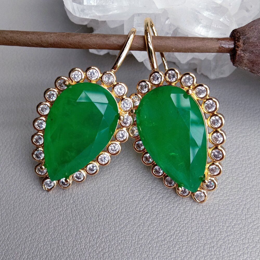 Boho Drop Earrings Green Quartz Clear Cz Teardrop Hook Dangle Earring Jewelry