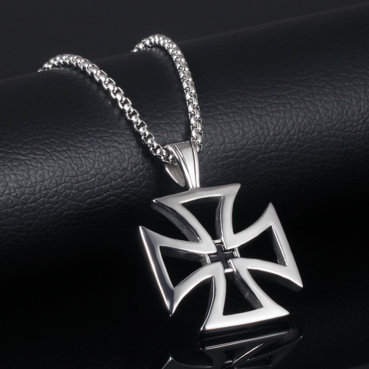 Mens Silver Iron Cross Knights Templar Pendant Necklace Punk Jewelry Chain 24″
