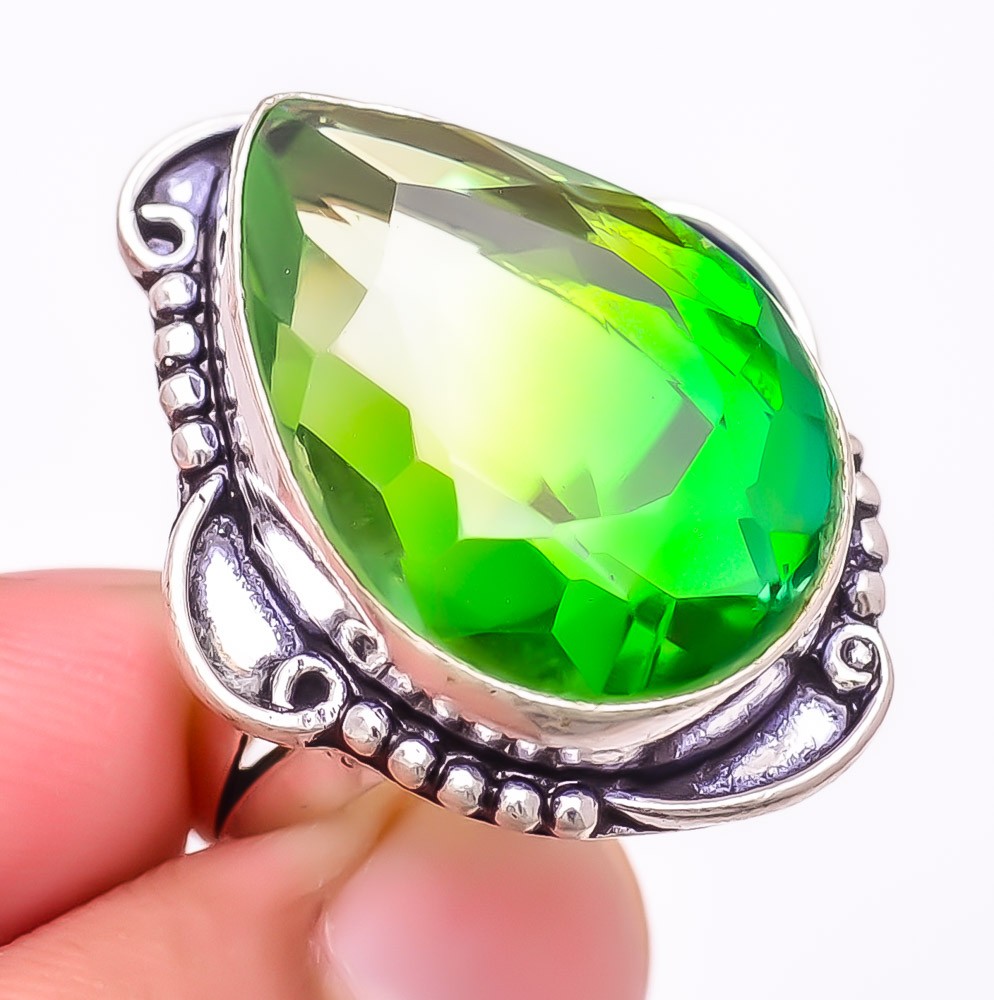 Bi-Color Tourmaline Gemstone 925 Silver Plated Jewelry Ring s.8.5 S1990