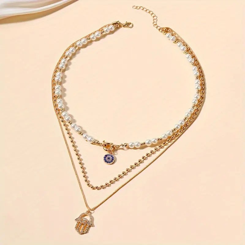 Elegant Layered Imitation Pearl Necklace for Women Rhinestone Alloy Jewelry Gift