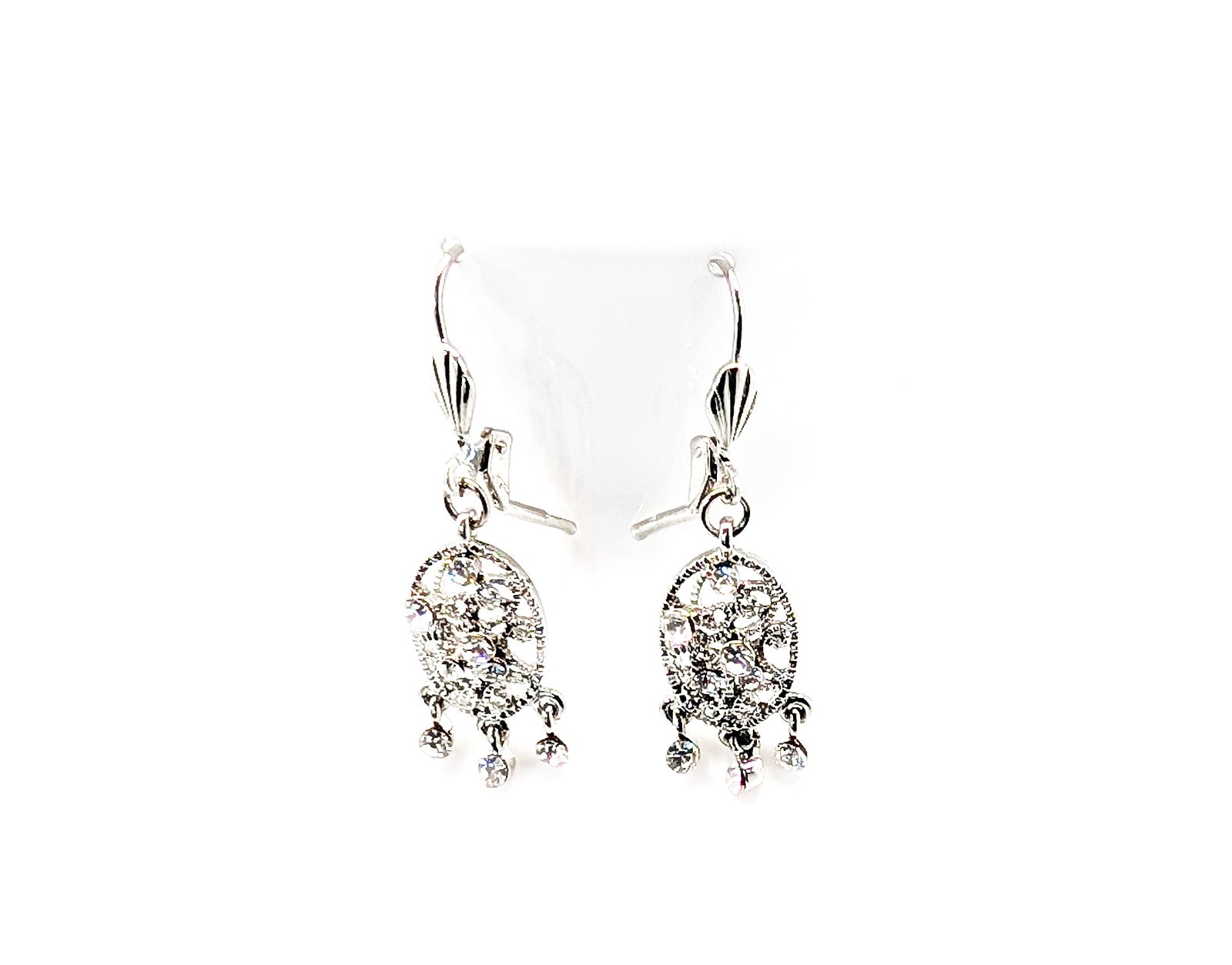 DESIGNER INSPIRED 2 in CLEAR CRYSTAL SILVER TONE FILIGREE LEVER BACK EARRINGS