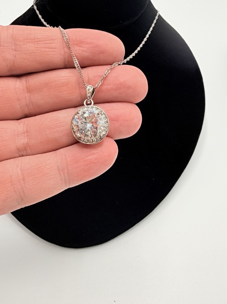 Silver Tone Halo CZ Crystal Pendant Necklace Round Clear Stone Adjustable