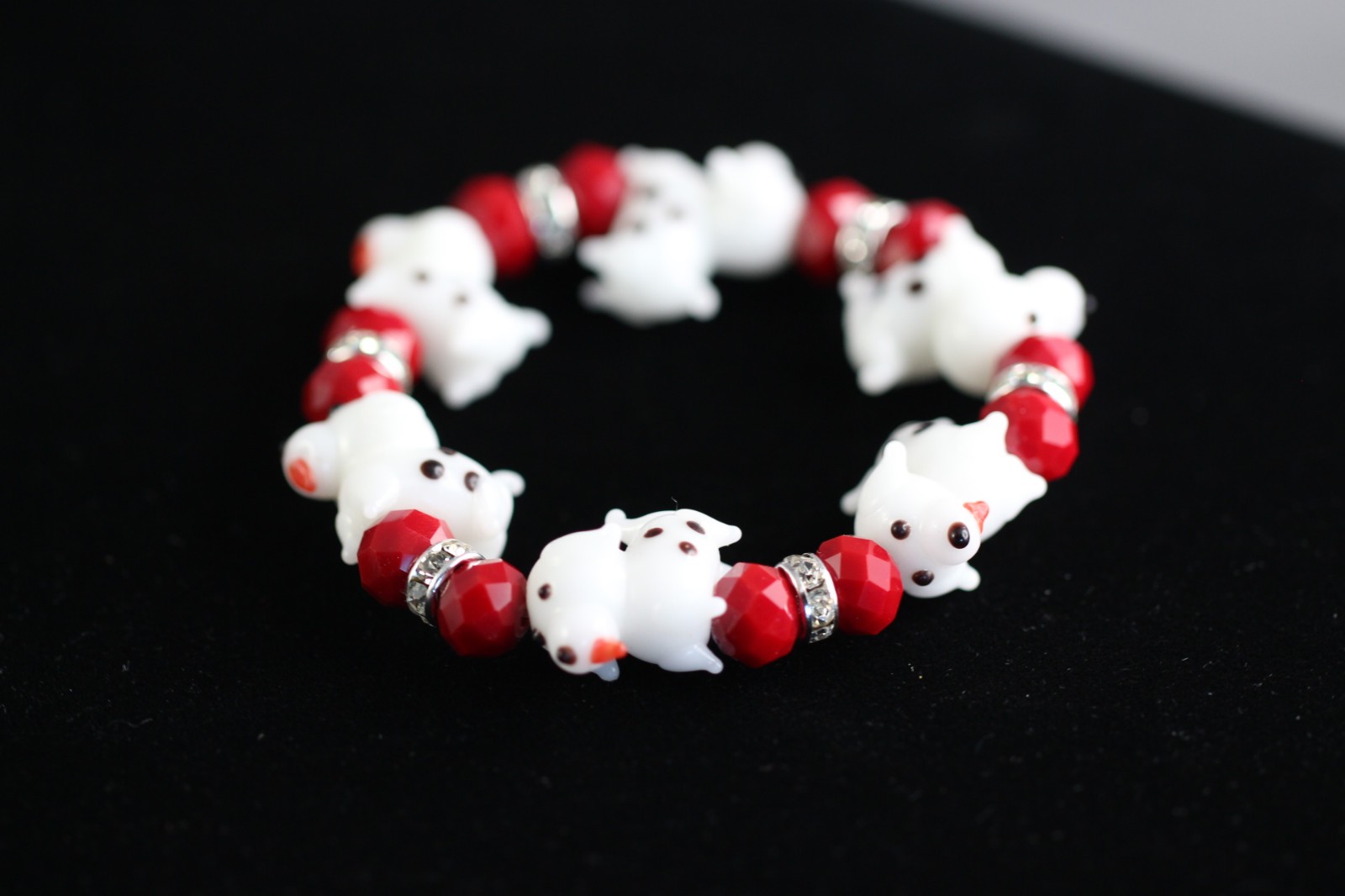 Dog Lampwork Bracelet 7″ Elastic Glass Beads Red Crystal White Polka Dot