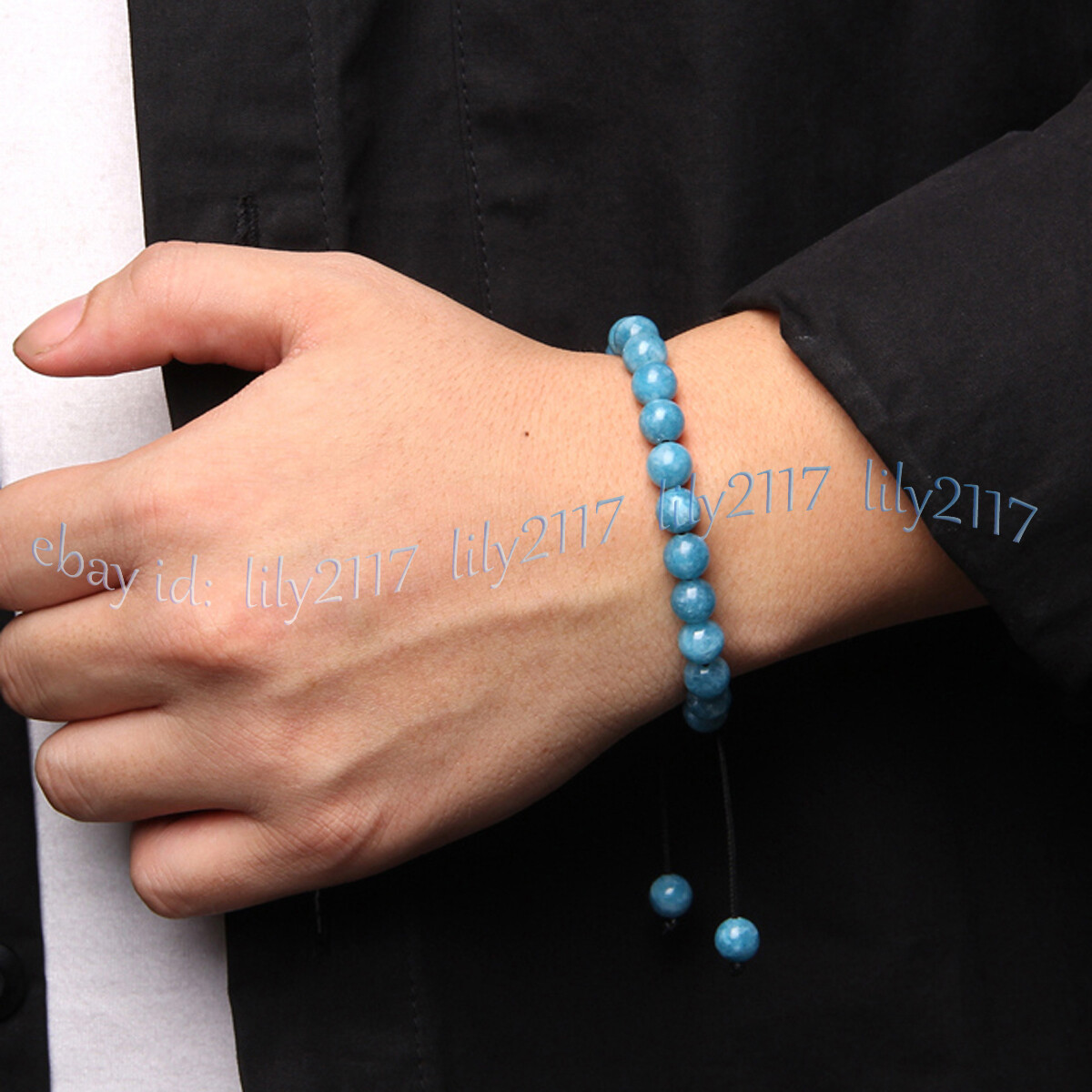 6/8/10mm Natural Blue Aquamarine Round Gems Braided Adjustable Bracelet 7.5”