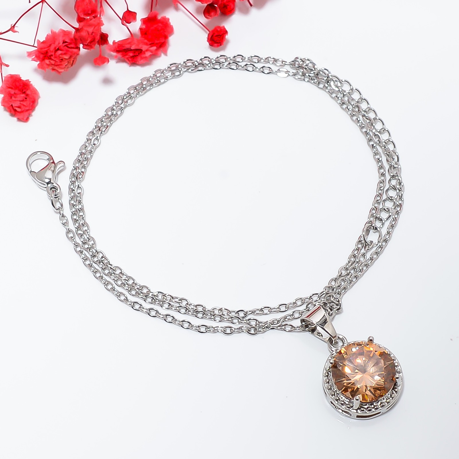 Morganite & Cz 925 Sterling Silver Pendant With Adjustable Chain 18-20″ CP146916
