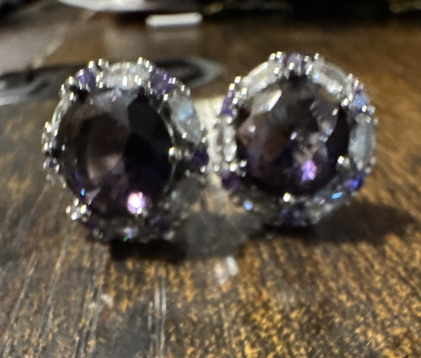 Silver Tone Purple Oval Stone Halo Stud Earrings Prong Set Metal Lobe