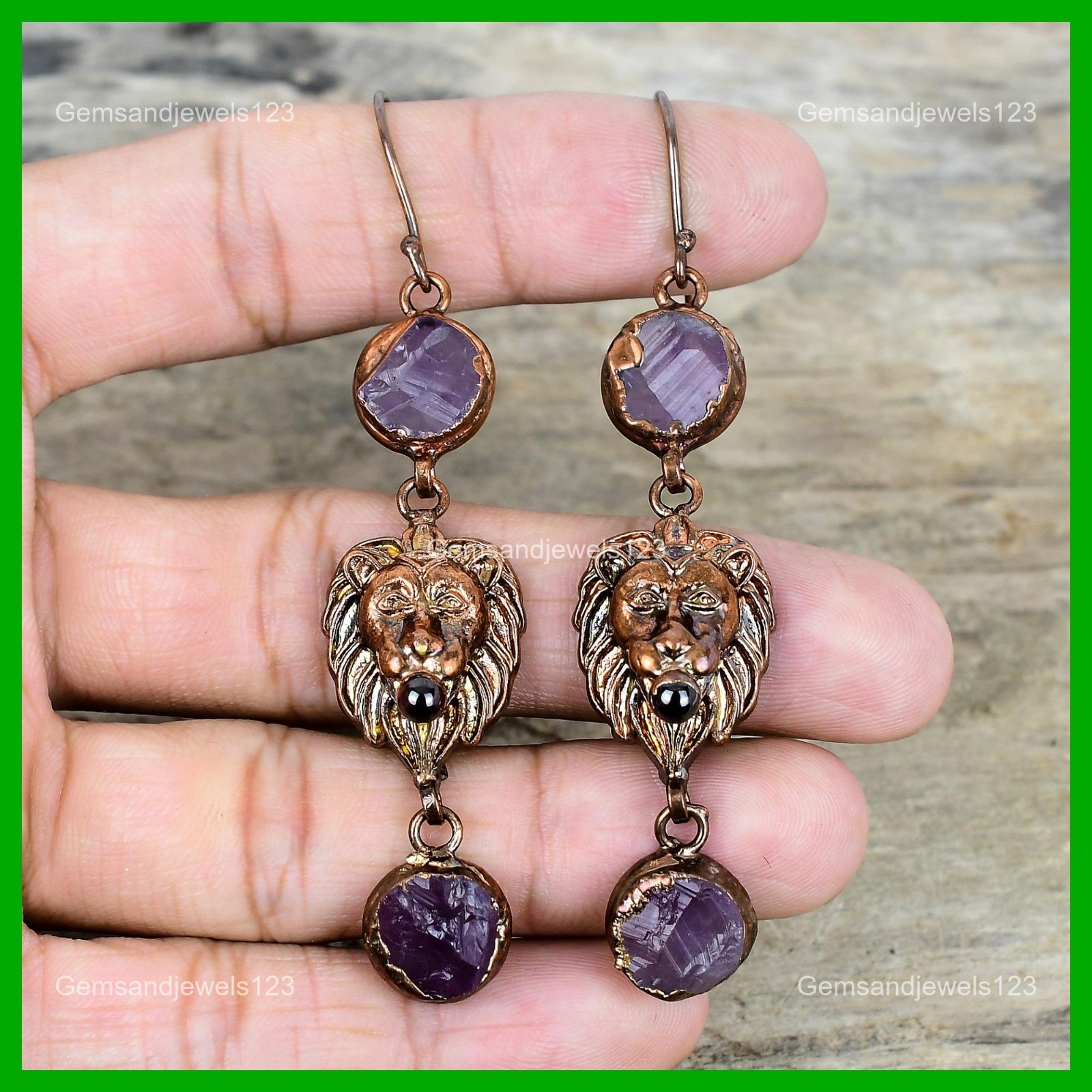African Amethyst Rough Gemstone Earrings Electroformed Copper Lion Face Earring