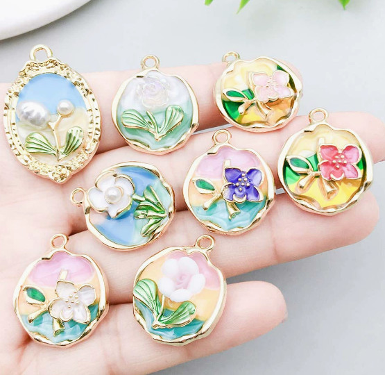 50pcs flower Enamel Metal Charms Pendants key Jewelry Making