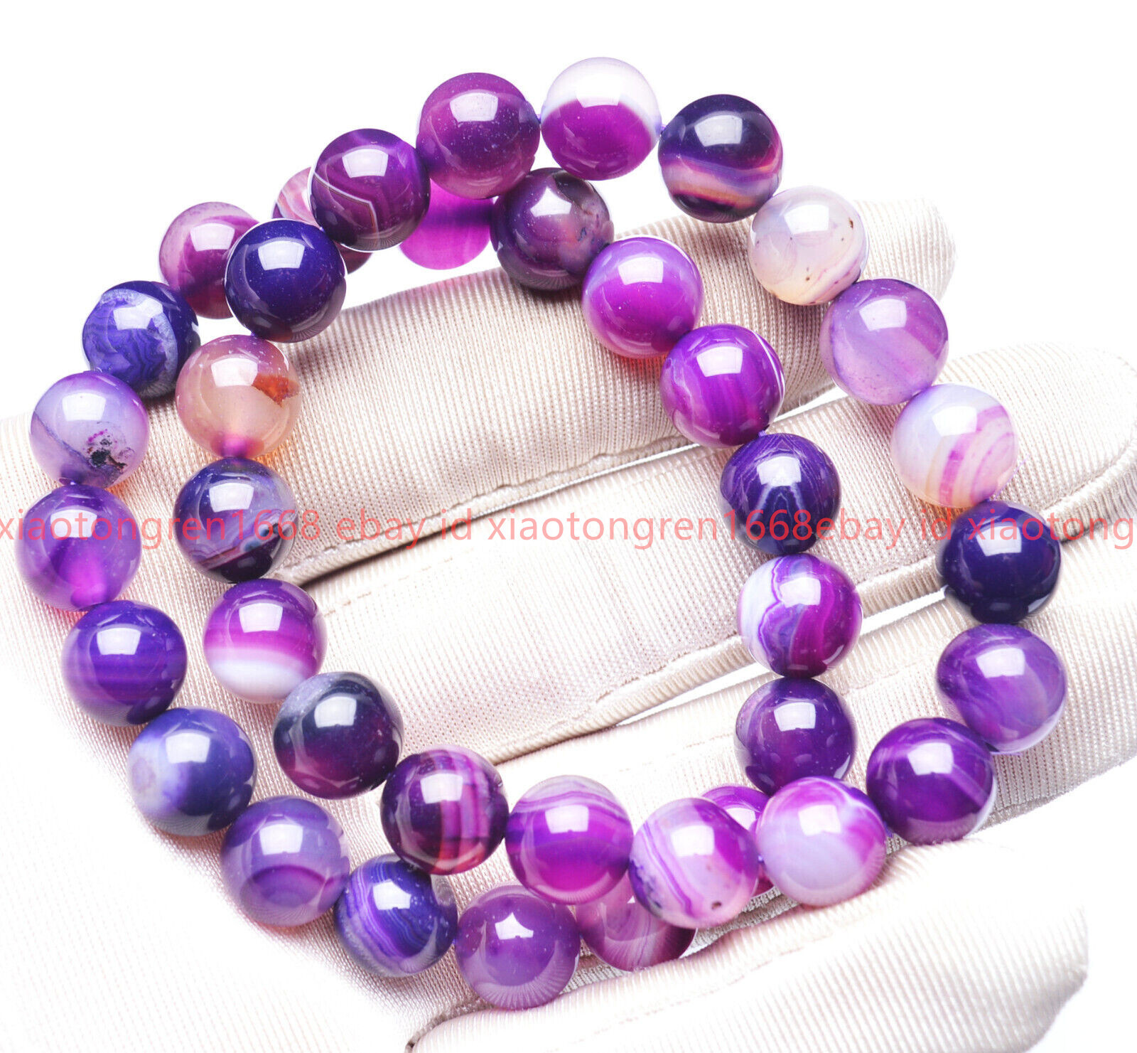 Natural 2 Pcs 6/8/10/12mm Purple Stripe Agate Gems Round Beads Bracelet 7.5in