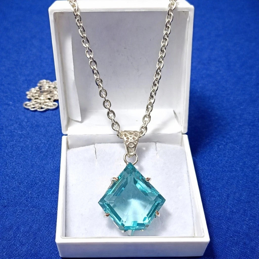 54.55 CT Aqua Blue Topaz Fancy Cut Pendant Necklace Sterling Silver With Chain