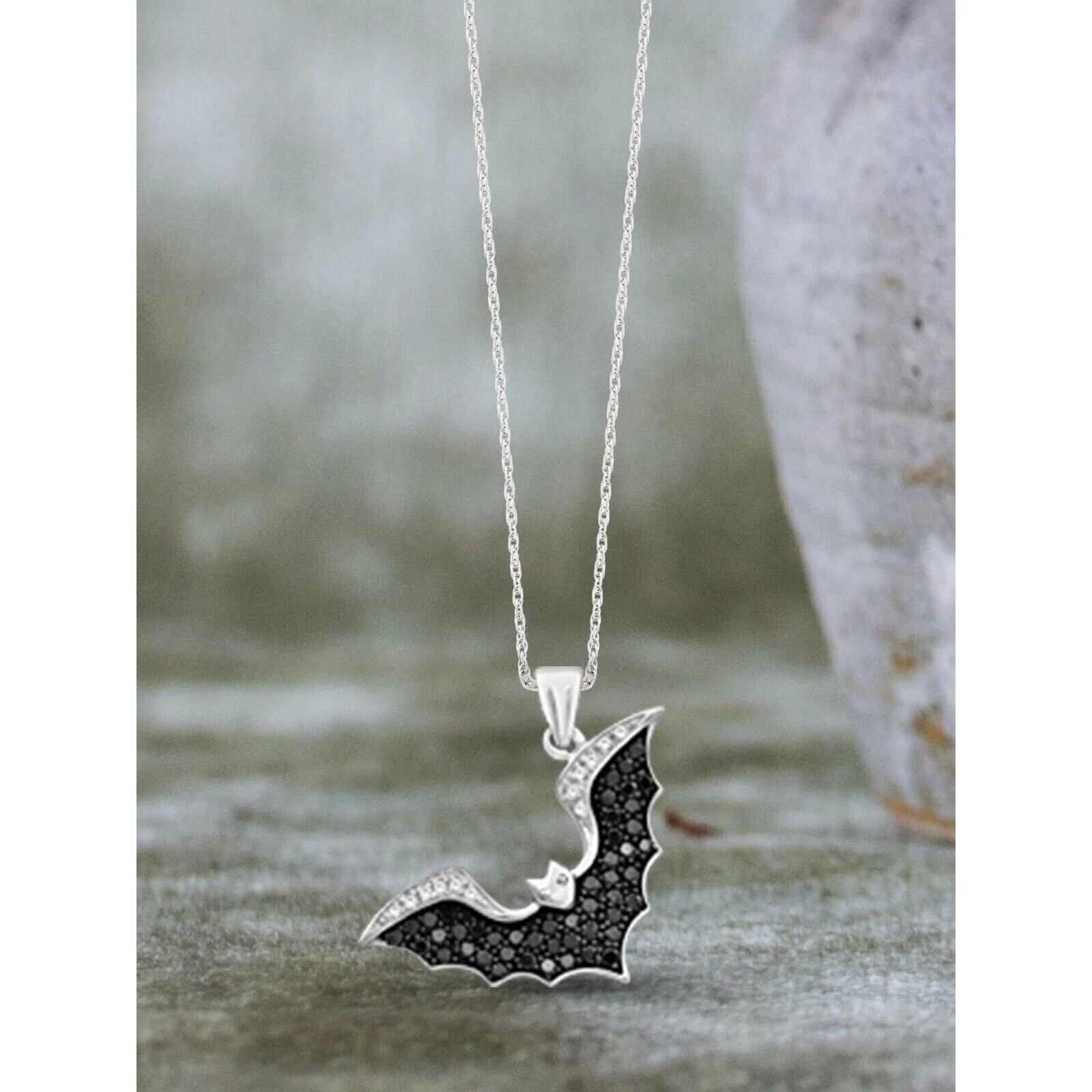 0.50 Ct Round Simulated Black Diamond Flying Bat Pendant 14K White Gold Plated