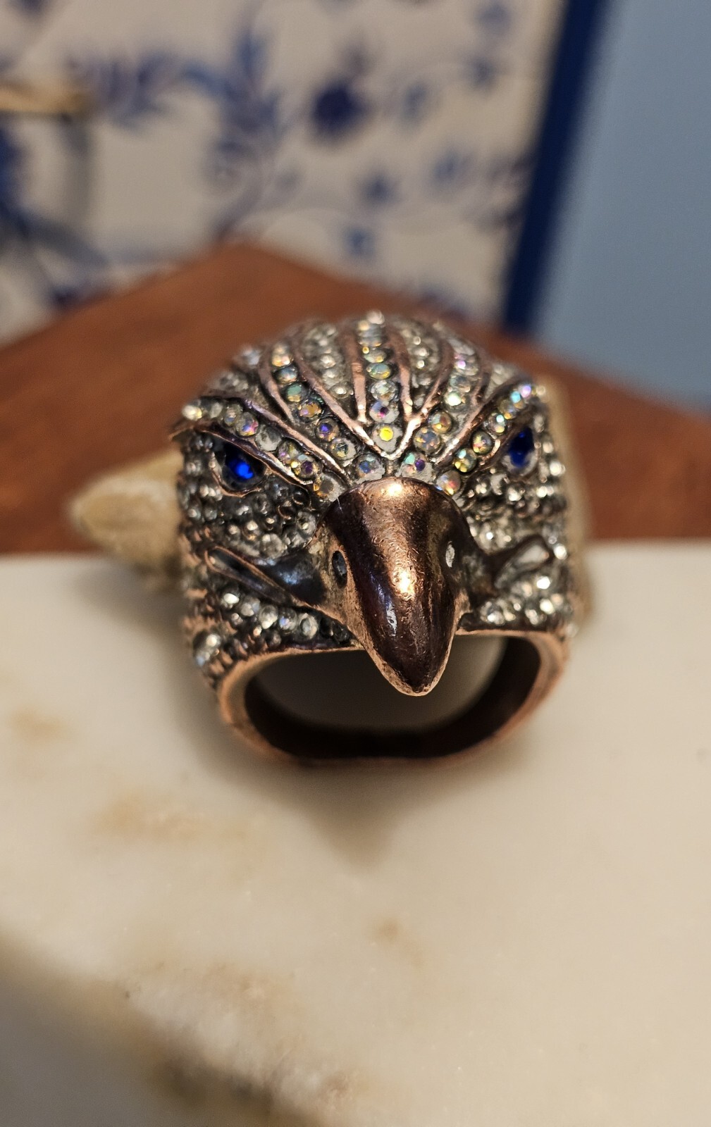 ST & Crystal Eagle Ring W/ Blue Sapphire Rhinestone Eyes, Aurora Borealis Crown