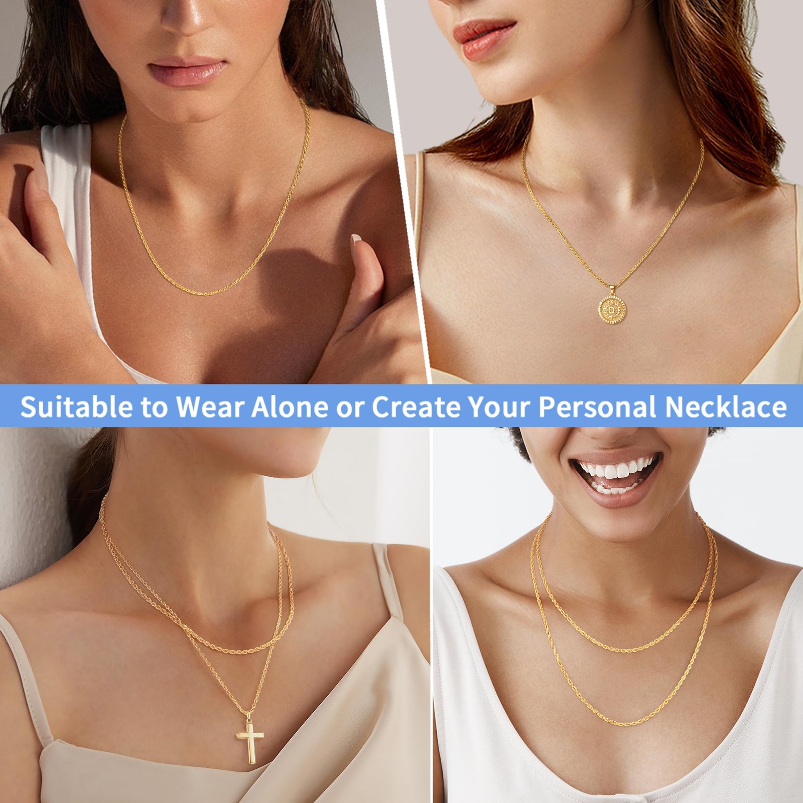 Jewlpire 14K Gold Plated Chain Necklace For Women 2Mm Rope Chains 14K Gold