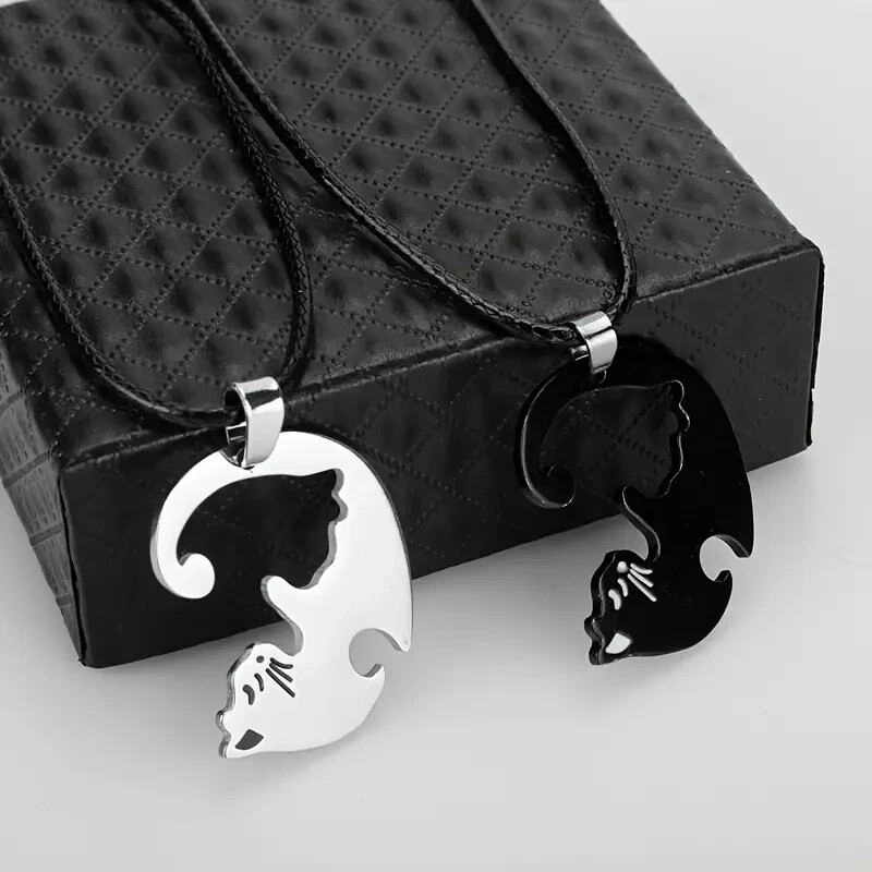 2 Piece Black & Silver Cat Matching Necklace Couple Cute Pendant Love BFF, Gift