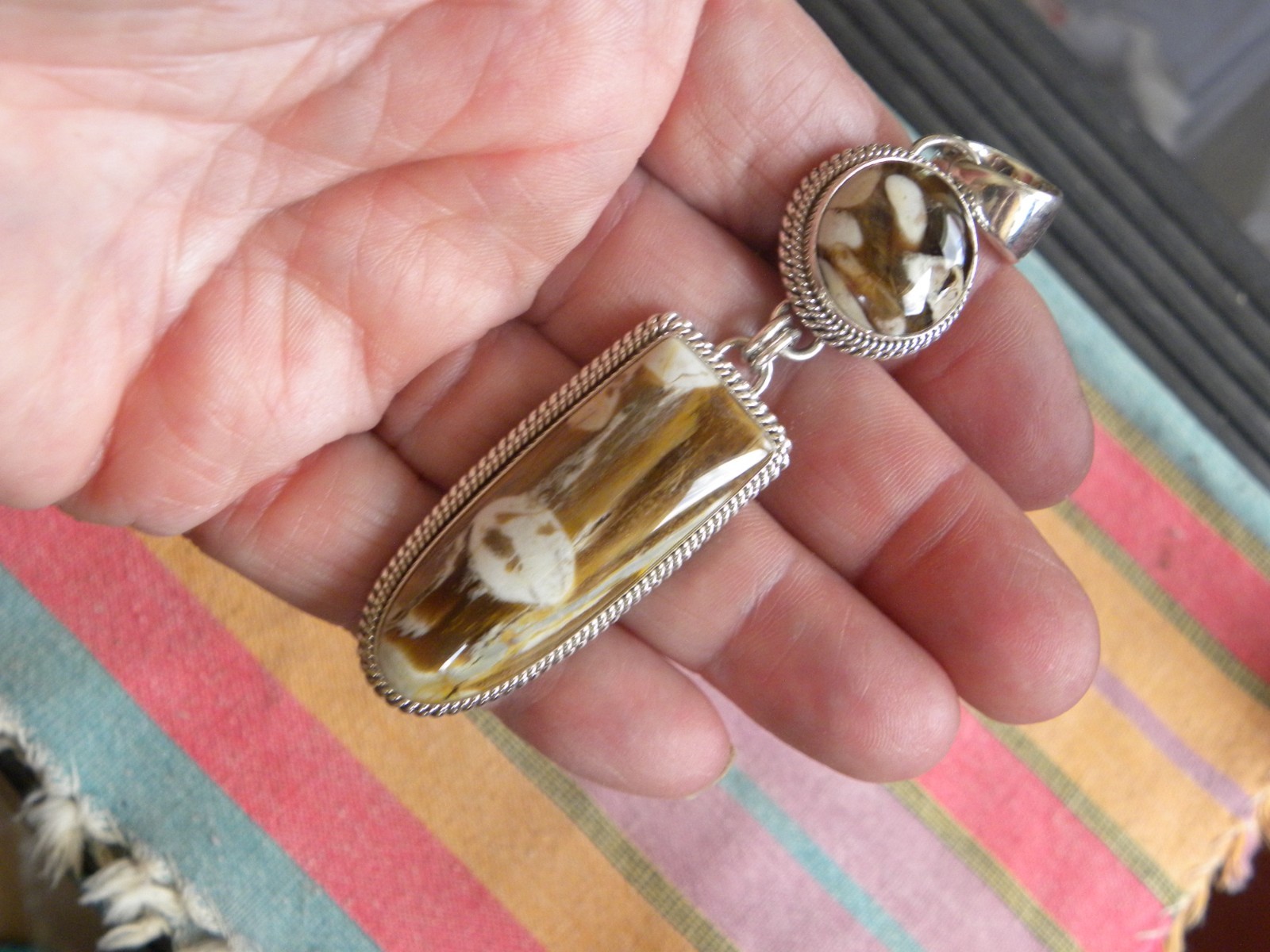 Artie Yellowhorse Navajo Sterling Silver Peanut Wood Double Stone Pendant 3-1/2″