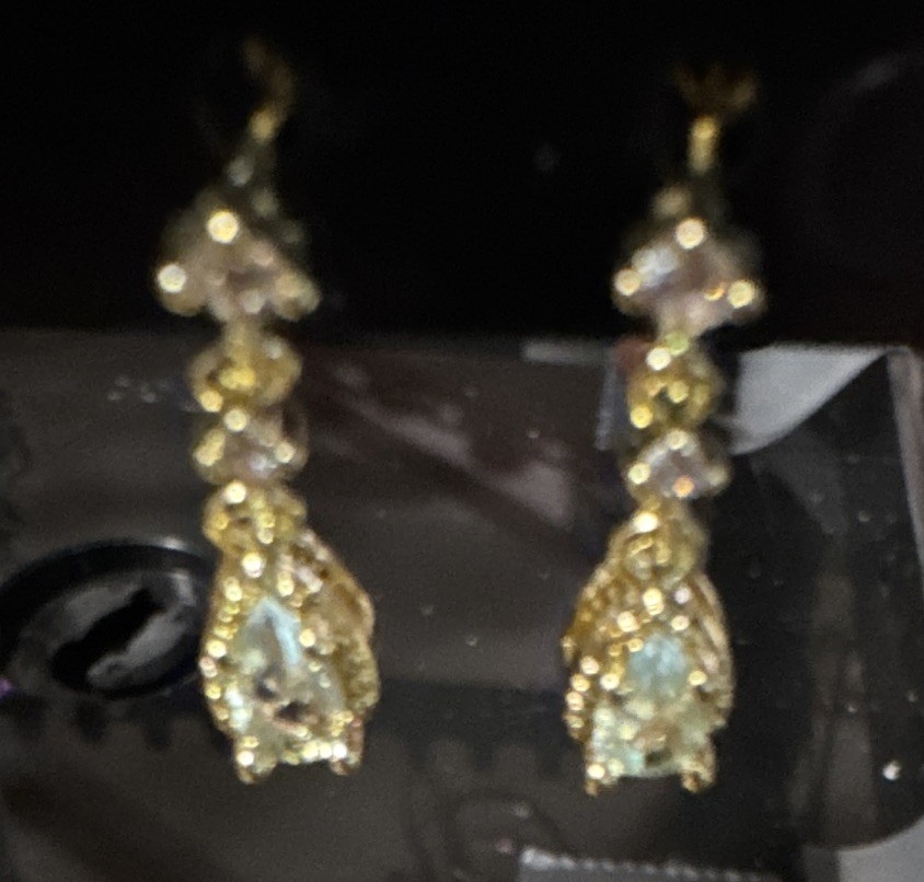 Gold Tone Dangle Drop Earrings Clear Pear Teardrop Crystal Prong Set Hook