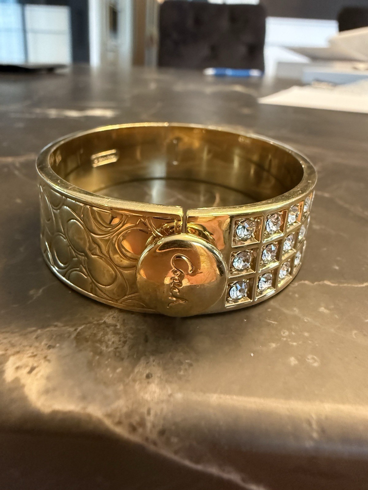 Coach Signed Gold-Tone Hinged Bangle Bracelet Pavé Crystal Accents