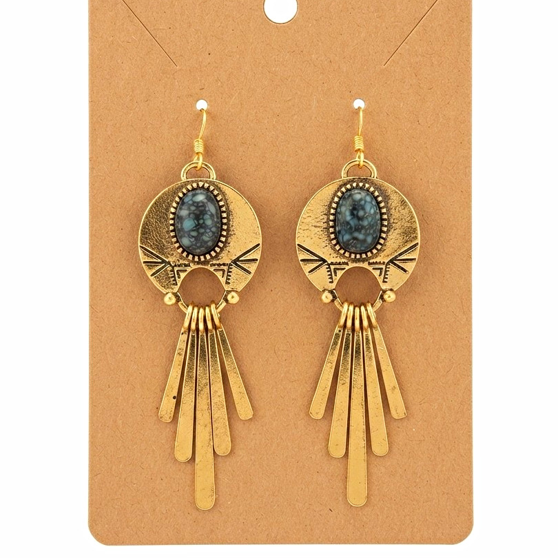 Gold Tone Metal Oval Dangle/Drop Hook Earrings, Green Stone Accent