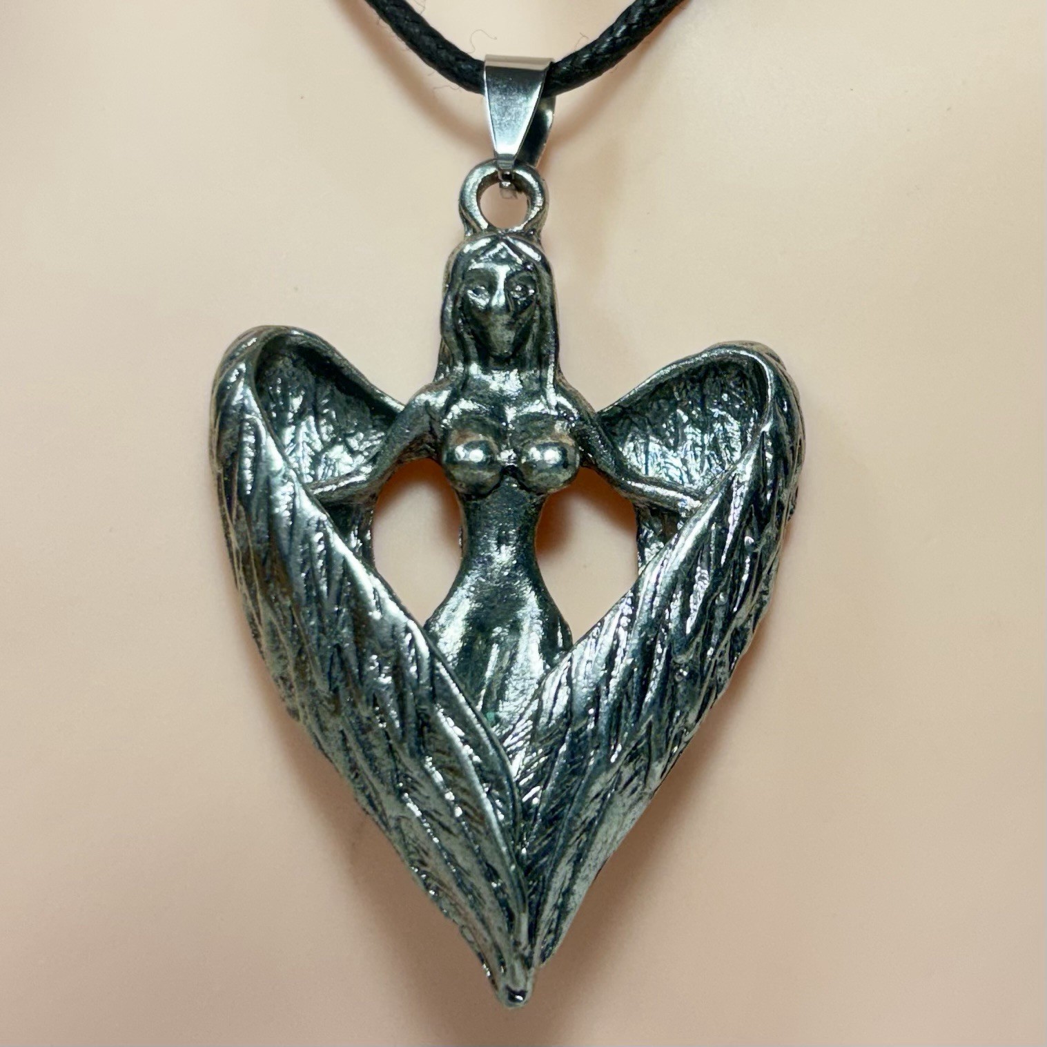 Winged Fairy Pendant Necklace Silver Tone Nude Lady Faux Leather Cord Brutalist