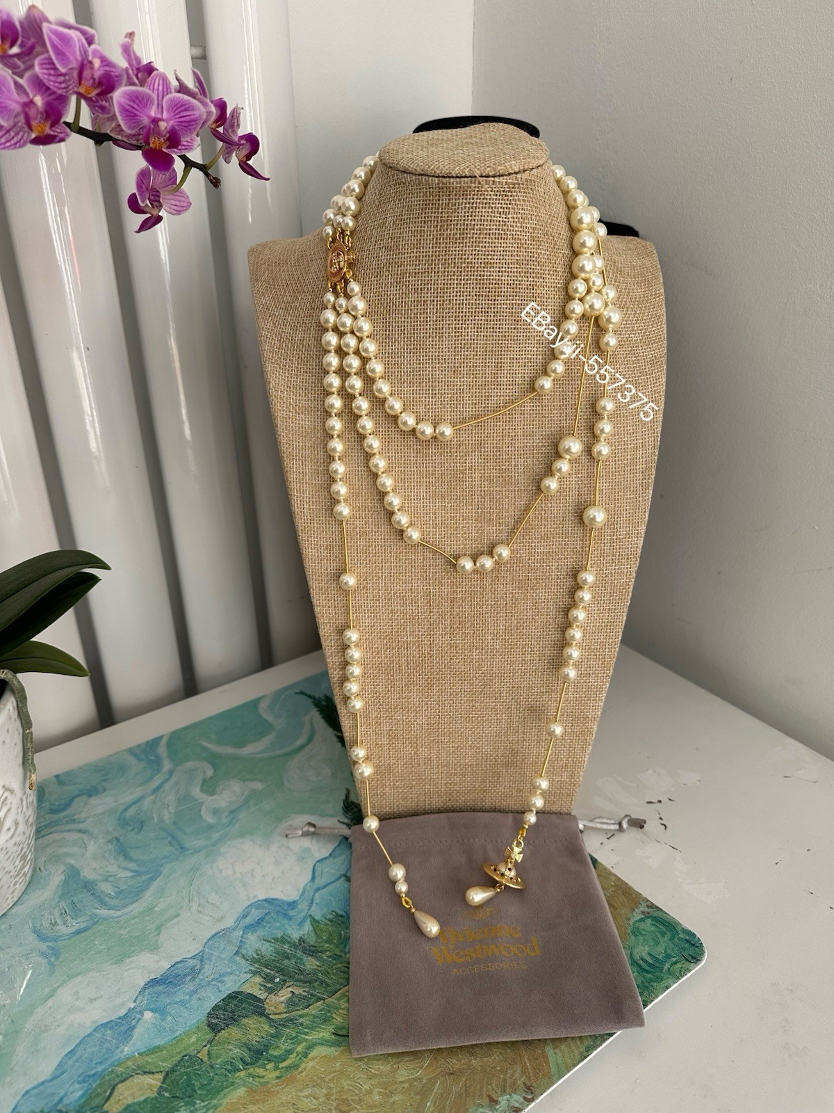 Vivienne Westwood Orbit Broken PEARL Choker Necklace Gold Tone Long Chain