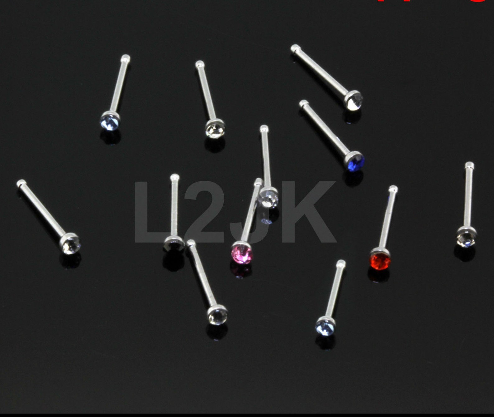 1.2mm 12pcs Bone Stud Nose Rings Cubic-Zirconia Clear,Red,Blue,Pink Small Stone