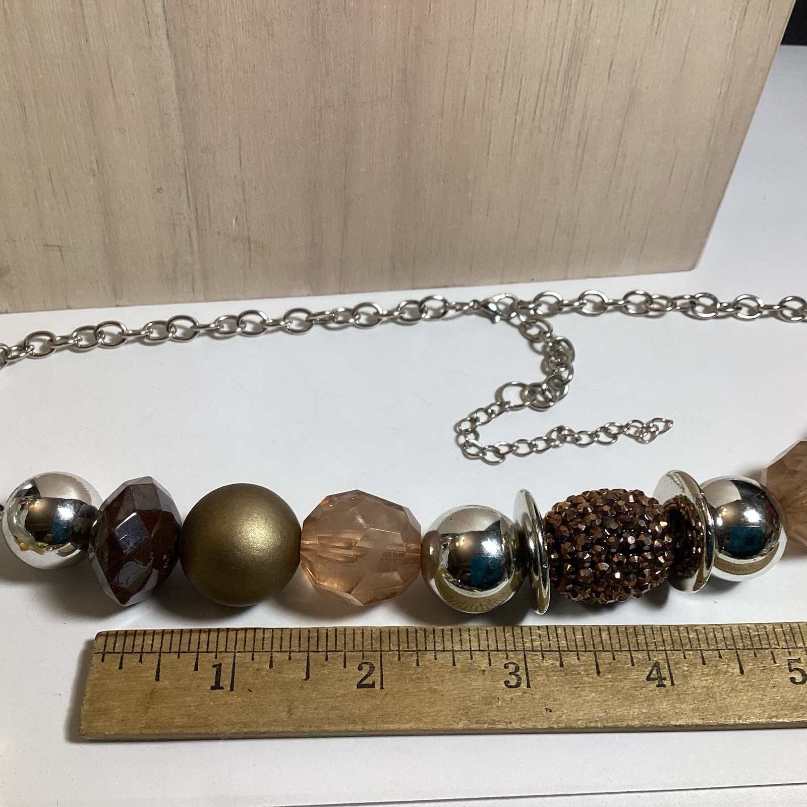 CHUNKY BEADED NECKLACE EARRINGS & STRETCH BRACELET SET SILVER GOLD BROWN COPPER
