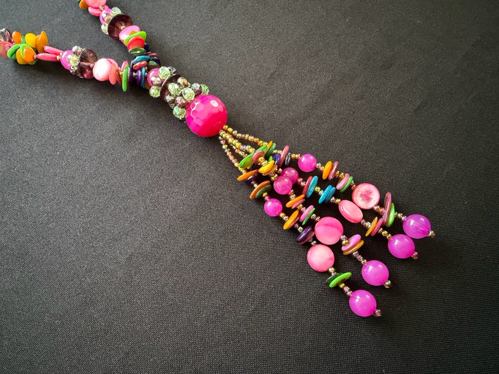 Handmade Rainbow Mixed Multicoloured Long Beaded Tassel Pink Statement Necklace