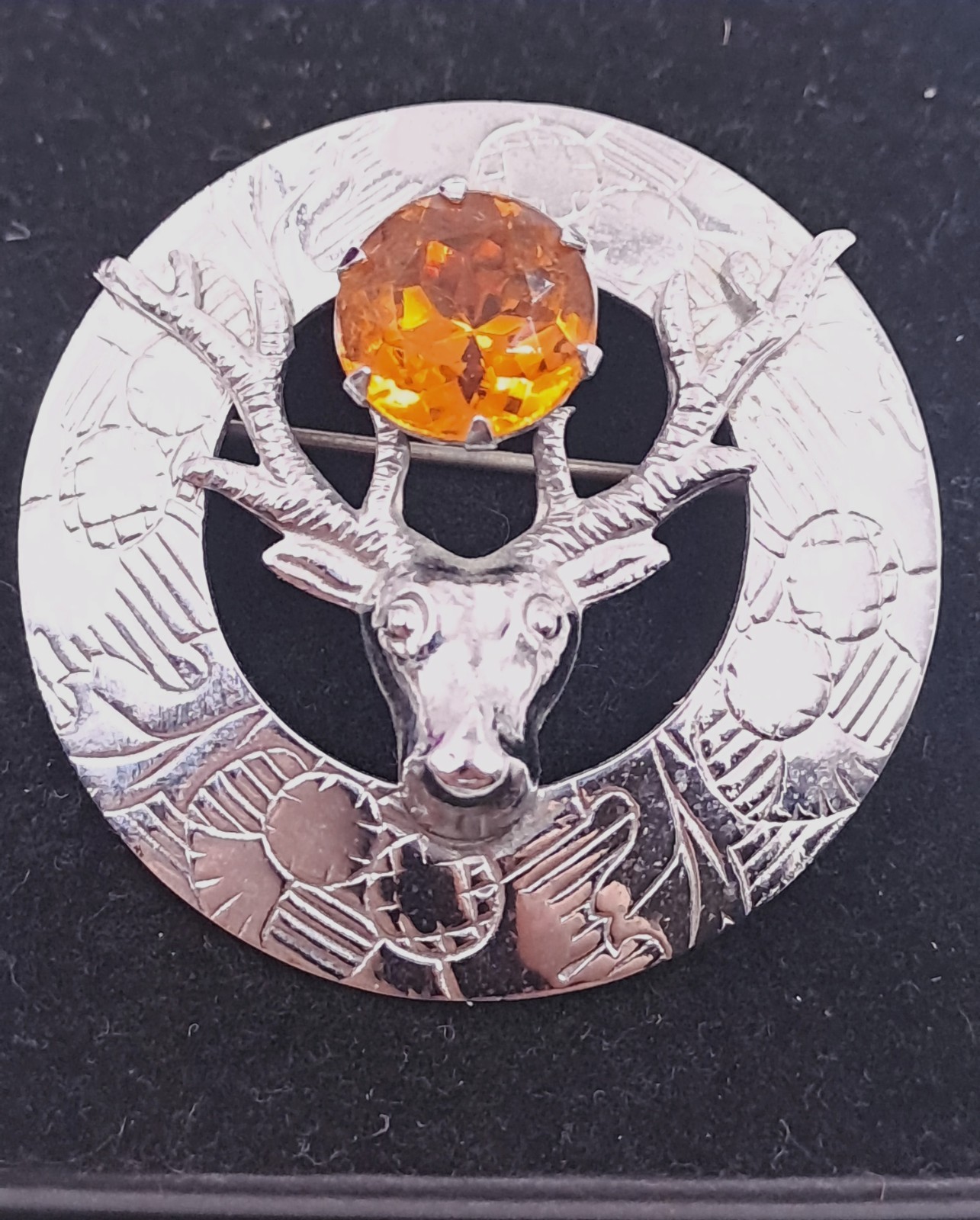 Vintage Mizpah Brooch Celtic StyleSilver Tone Brown Glass Centre 45mm Diameter