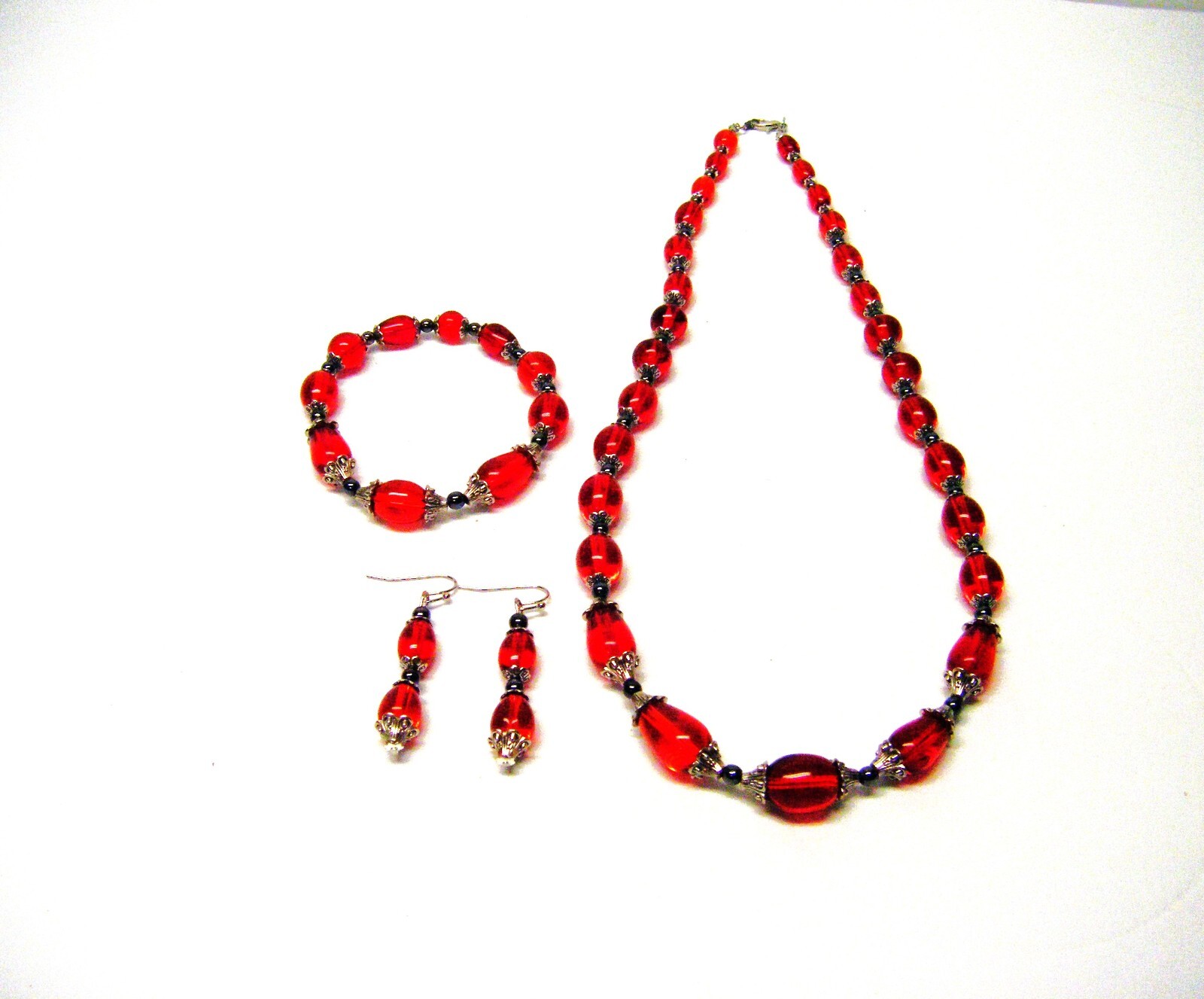 Multi Shapes/Sizes Red Transparent Glass w/Silver Bead Caps Necklac/Brace/Earrin