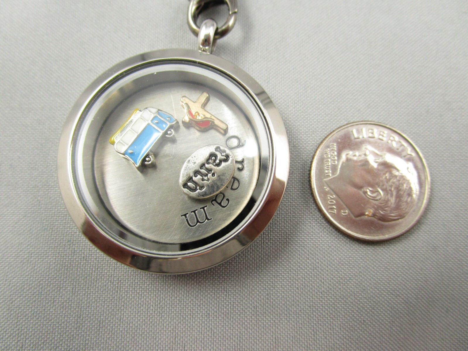 Dark Gray Colored Metal Link Chain Encased Charms Dream Faith Cross Bus Pendant