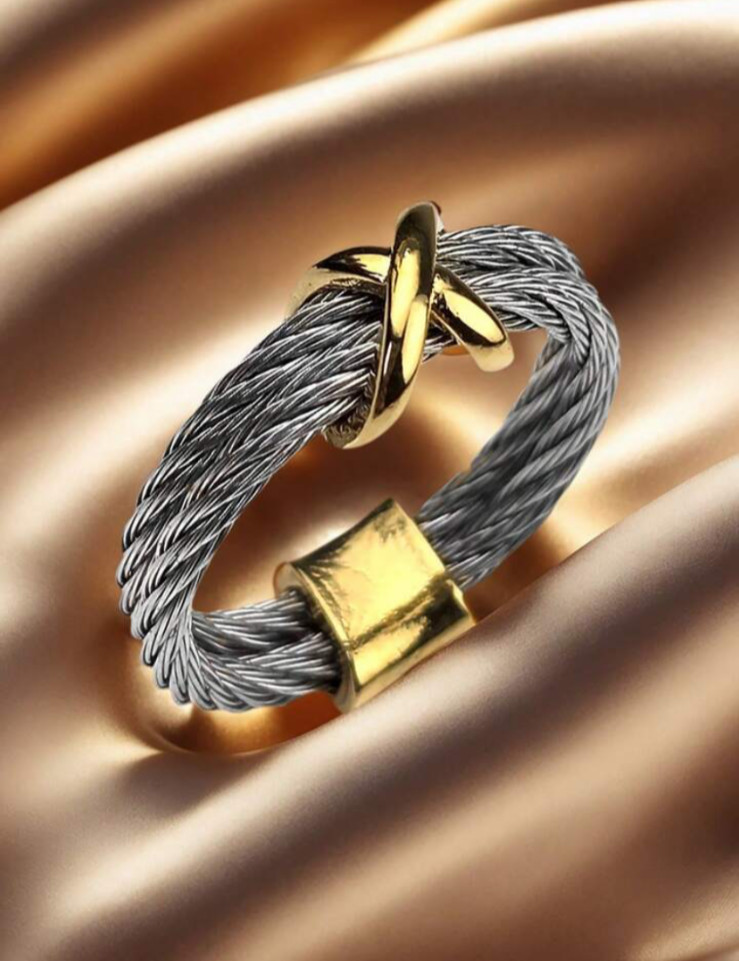 Contemporary Stainless Steel Cable Ring Gold Crisscross Accent