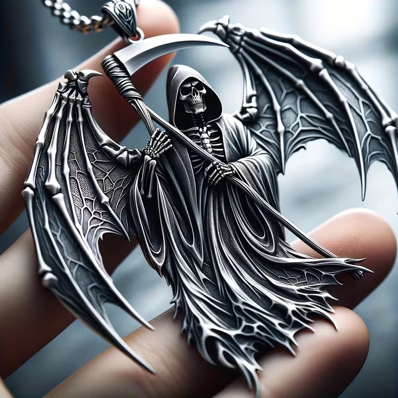Gothic skelton Death pendant necklace with bat wings with gift box