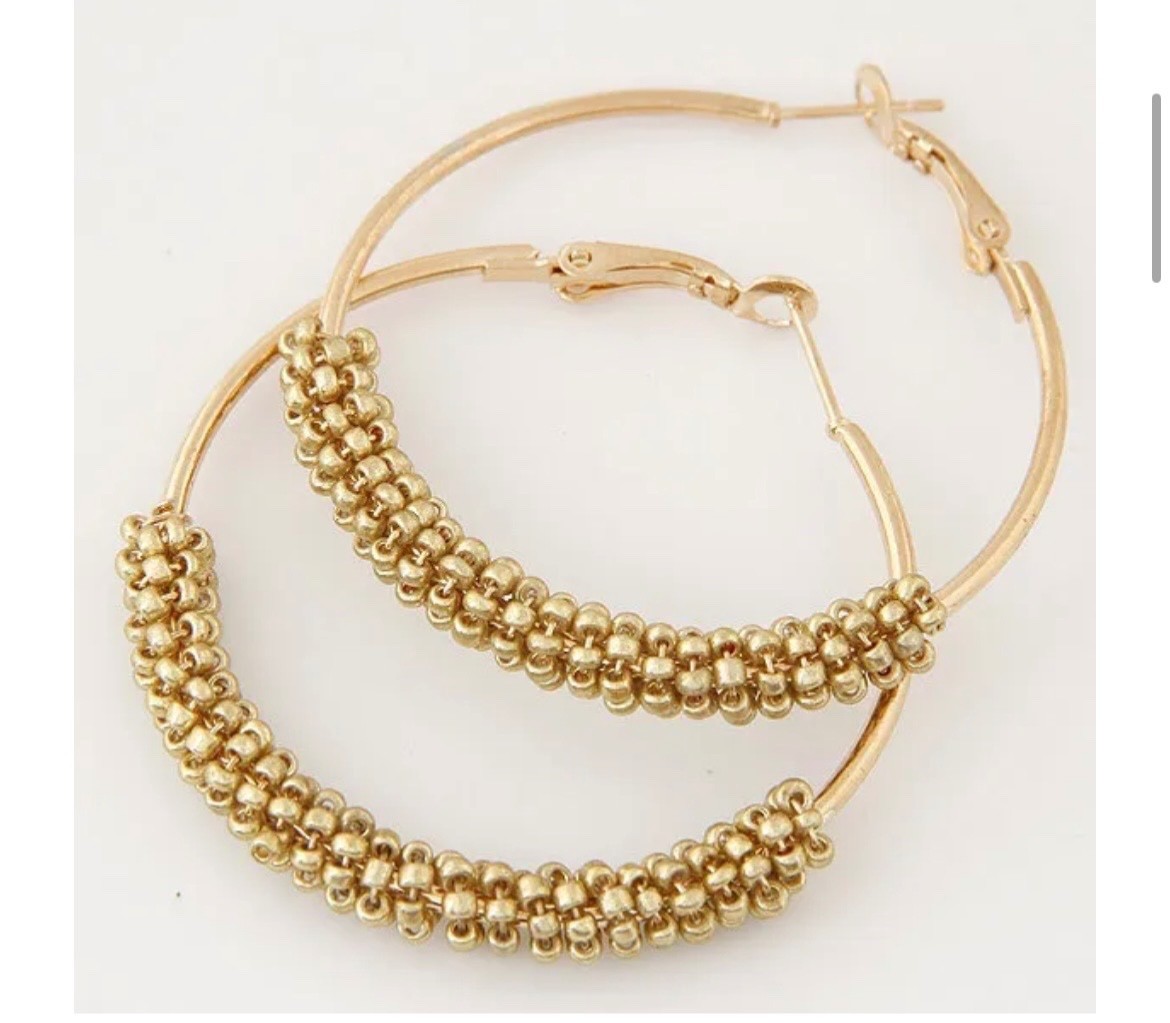Boho Beaded Hoop Earrings for Women Gold Tone Pink Seed Beads Round Statement Je
