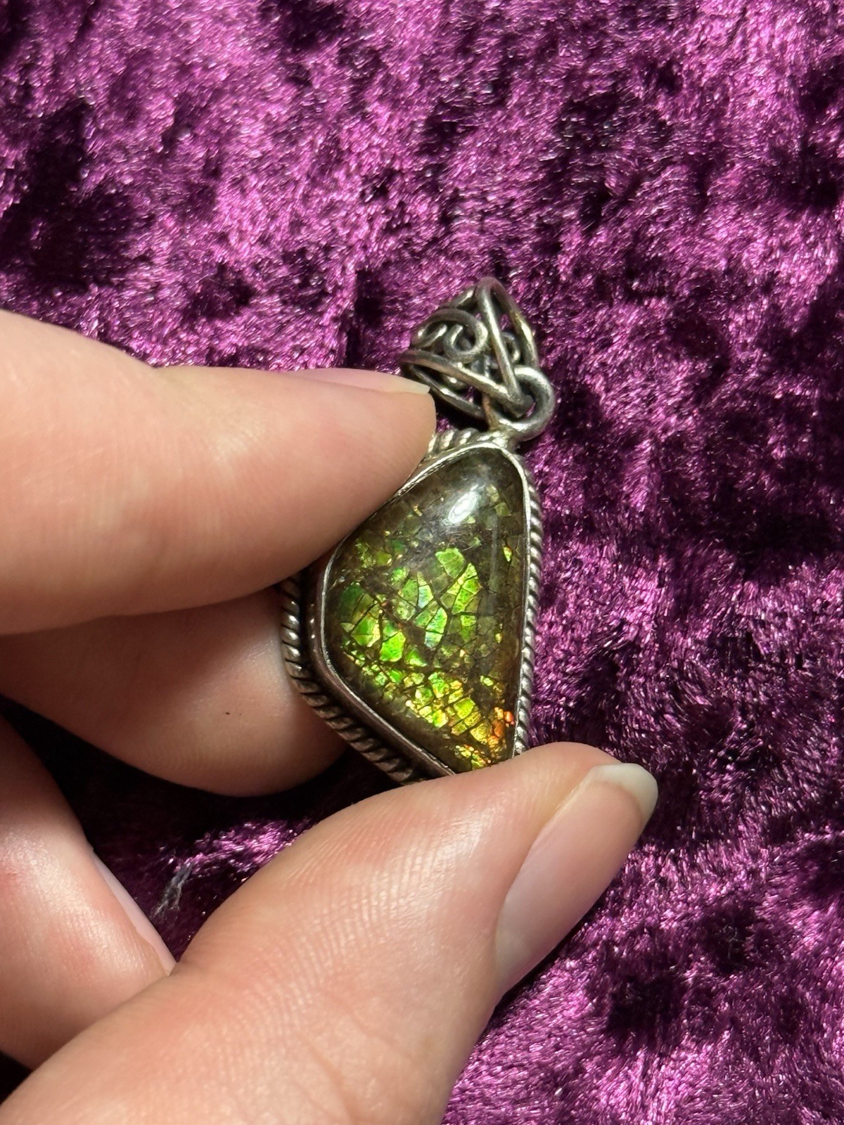 Hand Crafted Ammolite & Sterling Silver Pendant Natural Stone – Great Colors!