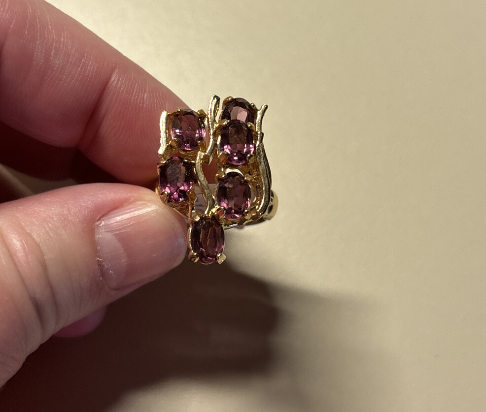 Vintage 18K HGE Gold Plated Purple Cocktail Ladies Statement Ring Size 7 NOS