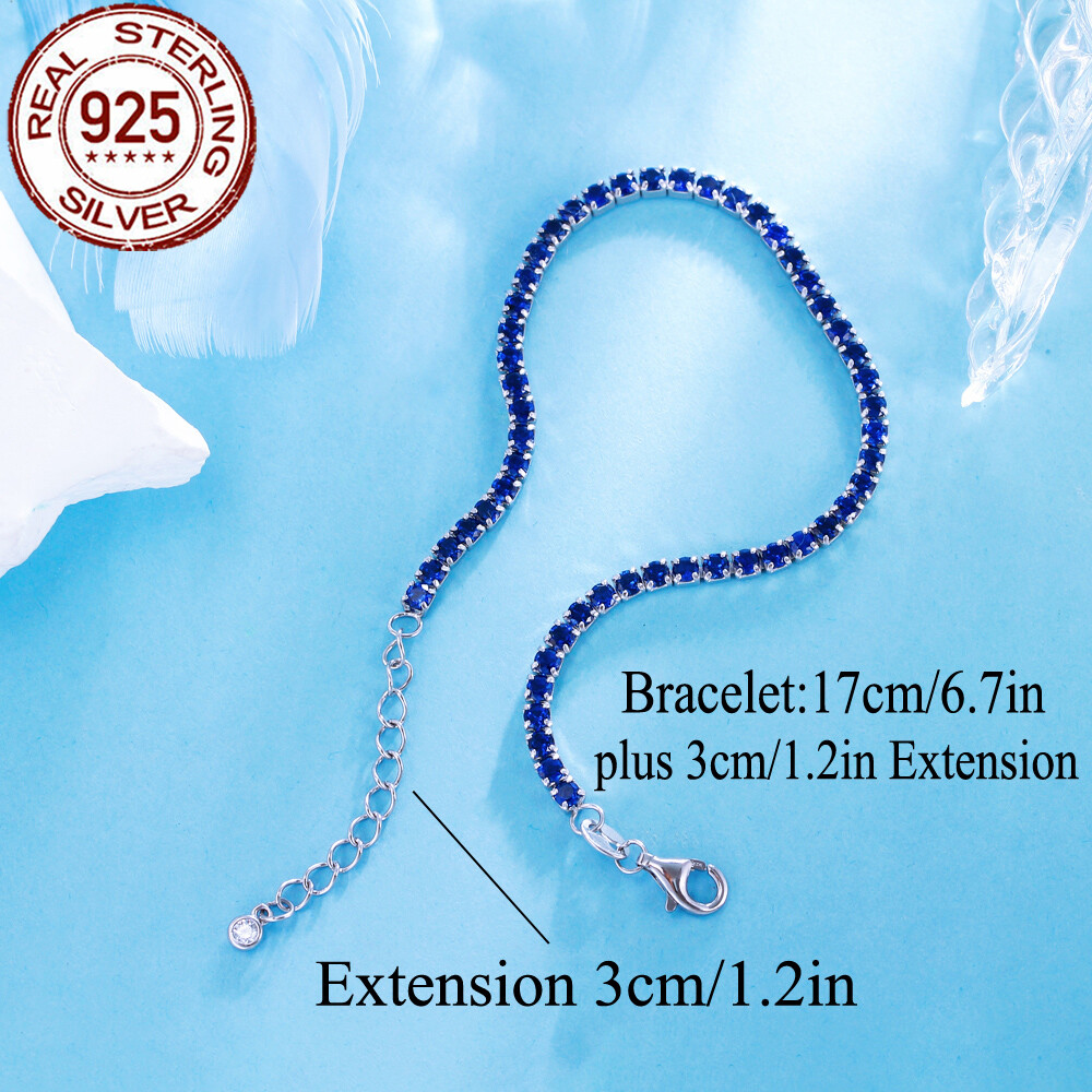 Royal Blue Round Cubic Zircon 925 Sterling Silver Tennis Bracelet for Women Gift