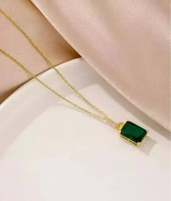 3.00Ct Emerald Cut Lab Created Emerald Solitaire Pendant 14K Solid Yellow Gold