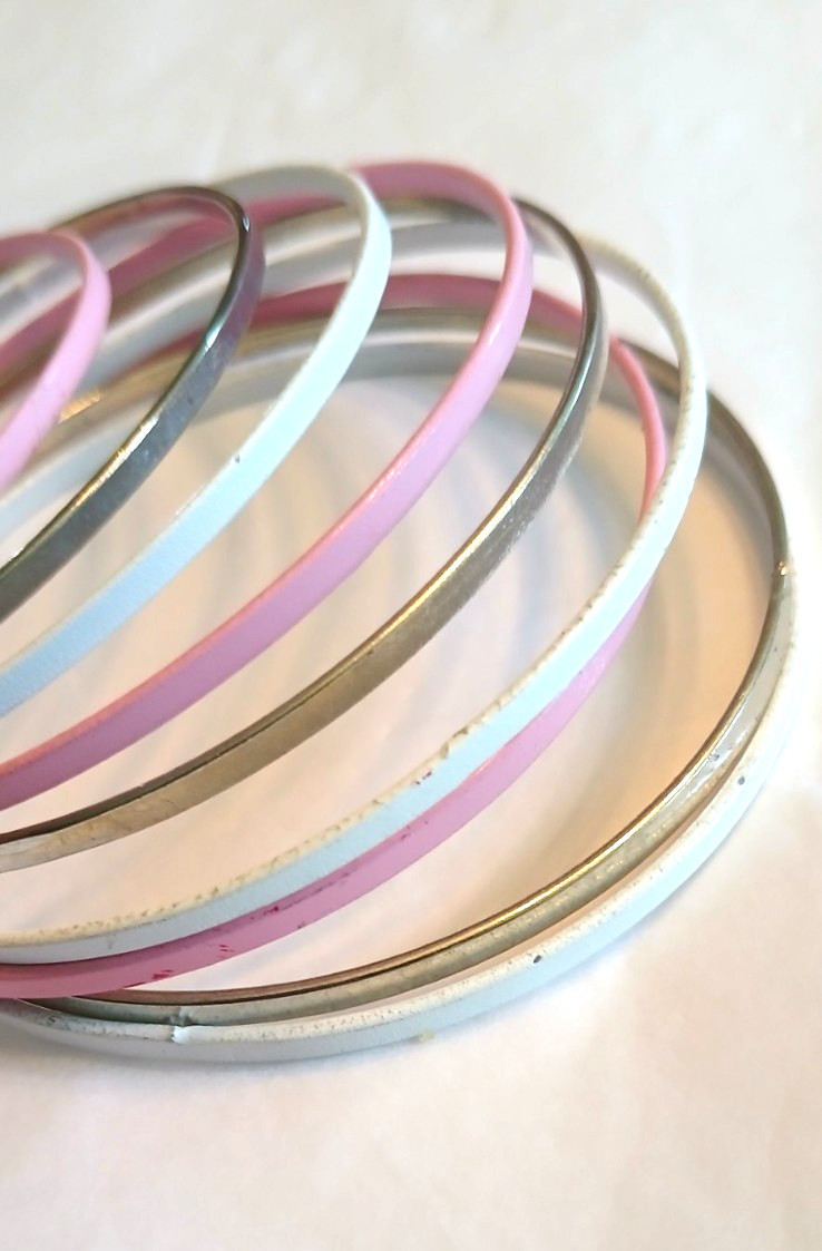 Silver/Pink/White tones 12 bangle set – 2-3/4″ x 1/8″ solid hoops, new condition