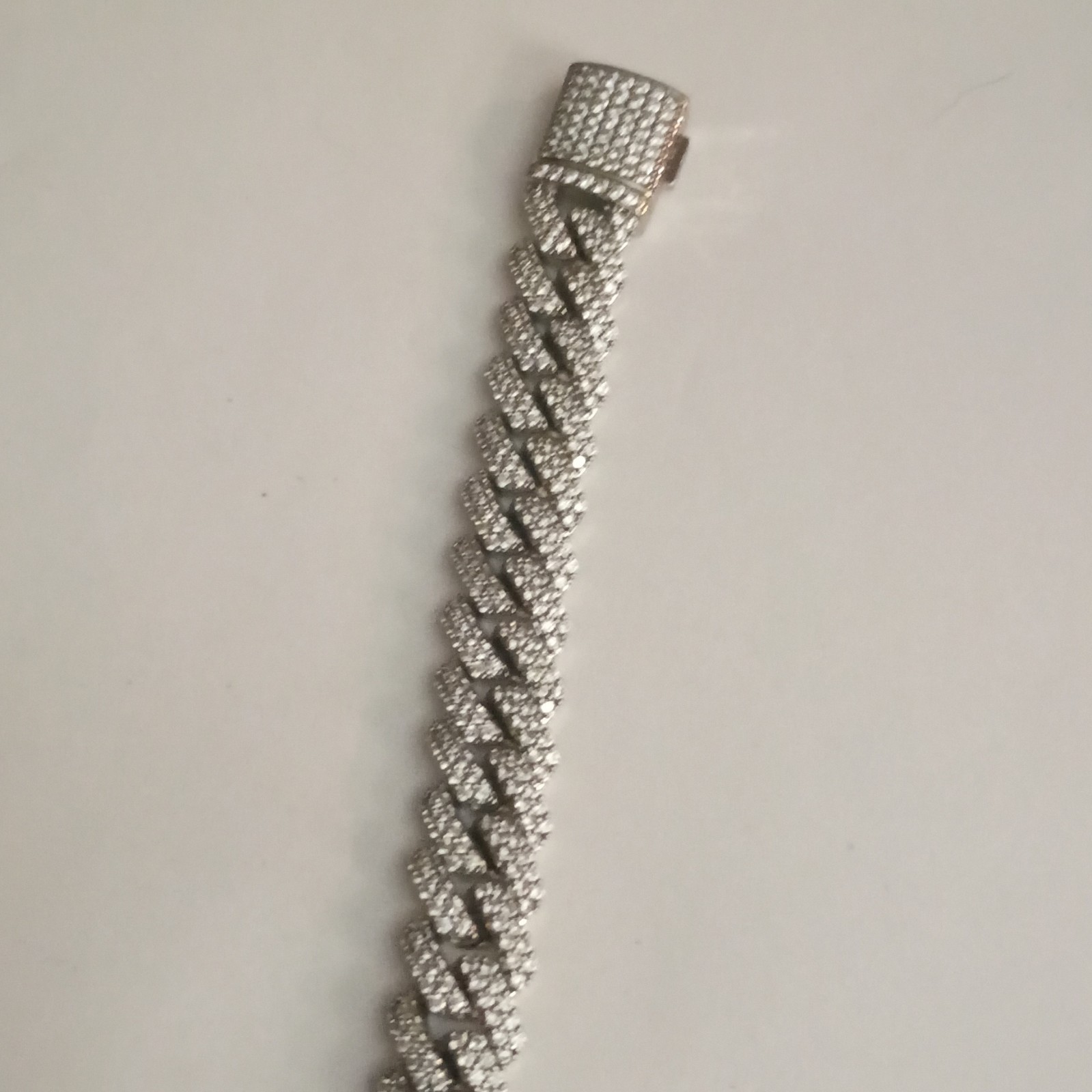 Silver Tone Pavé Cuban Link Chain Bracelet Box Clasp White Round Stones