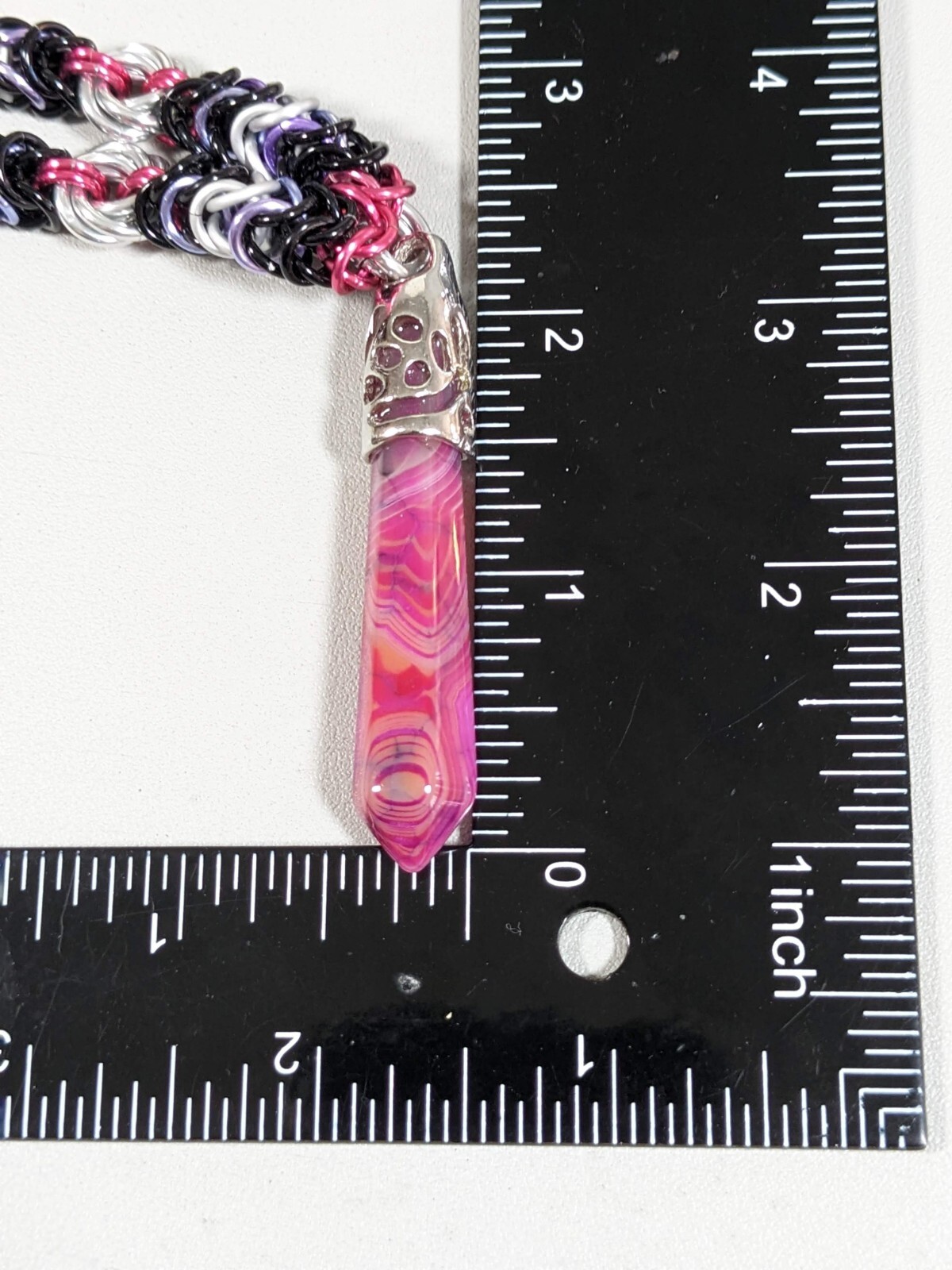 Black Pink Silver Tone Metallic Chain Glass Crystal Pendant Necklace 24 inches